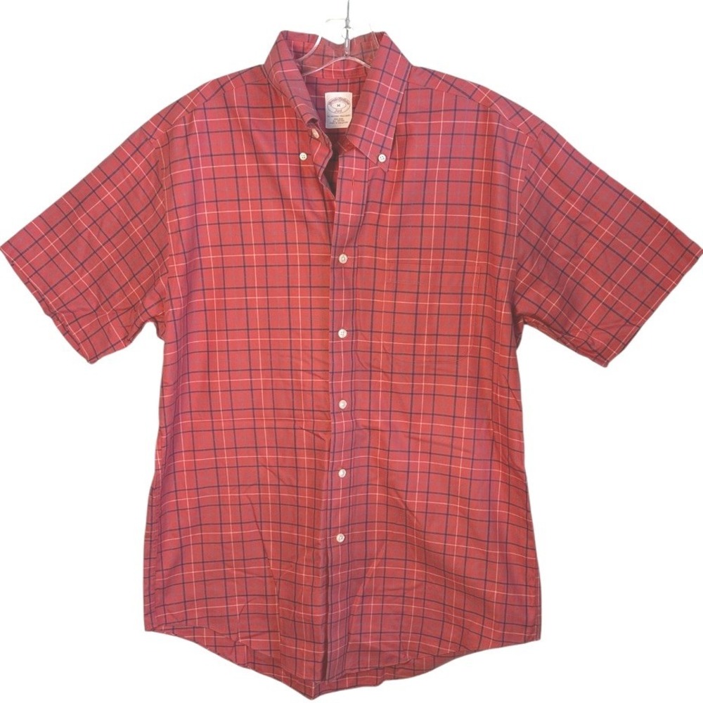 Brooks Brothers 346 Men Shirt Red Blue Windowpane Non-Iron Short Sleeve Preppy M